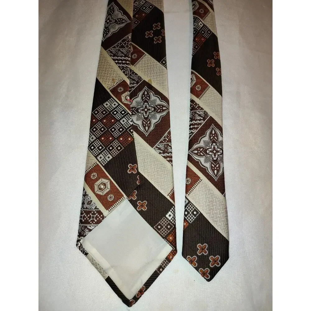 Vintage 1970s Polyester Necktie Geometric Mosaic Shades Of Brown